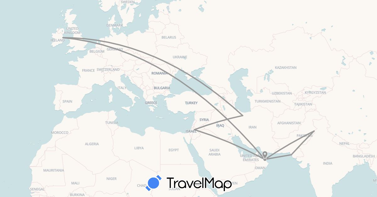 TravelMap itinerary: driving, plane in Ireland, Iran, Jordan, Oman, Pakistan (Asia, Europe)